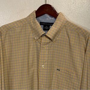 Y2K Tommy Hilfiger Yellow, Light Blue & White Plaid Shirt, Pocket & Crown Logo